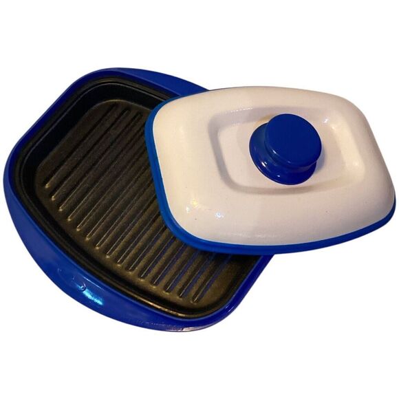 Vintage Range Mate Microwave Grill Steaks Blue White Rectangular Covered Dish - Picture 1 of 6